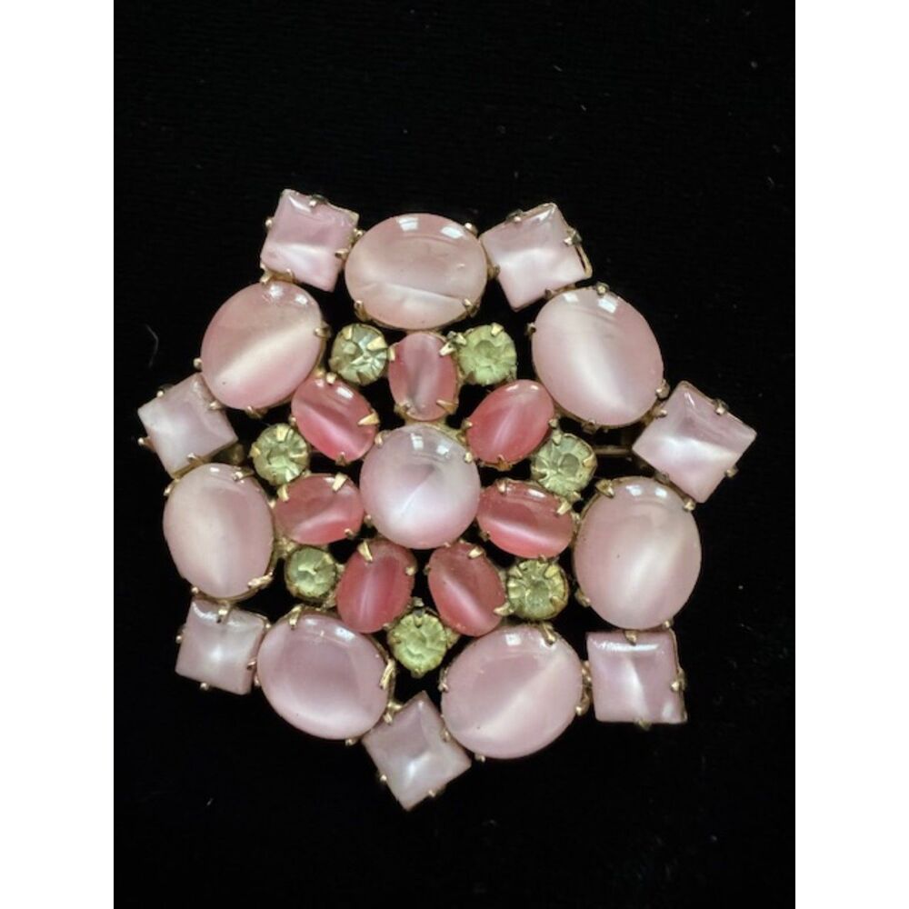 Vintage midcentury modern broches with pink glass moonglow cabochon stones. - Picture 3 of 6